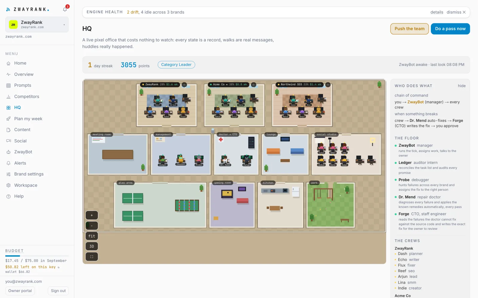 HQ: the pixel office where every agent stands at the brand it is working on