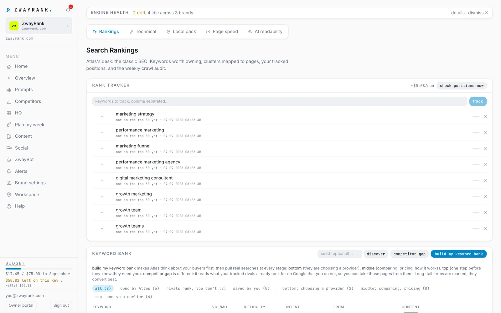 The Search rankings screen: keyword bank, rank tracker and the technical round