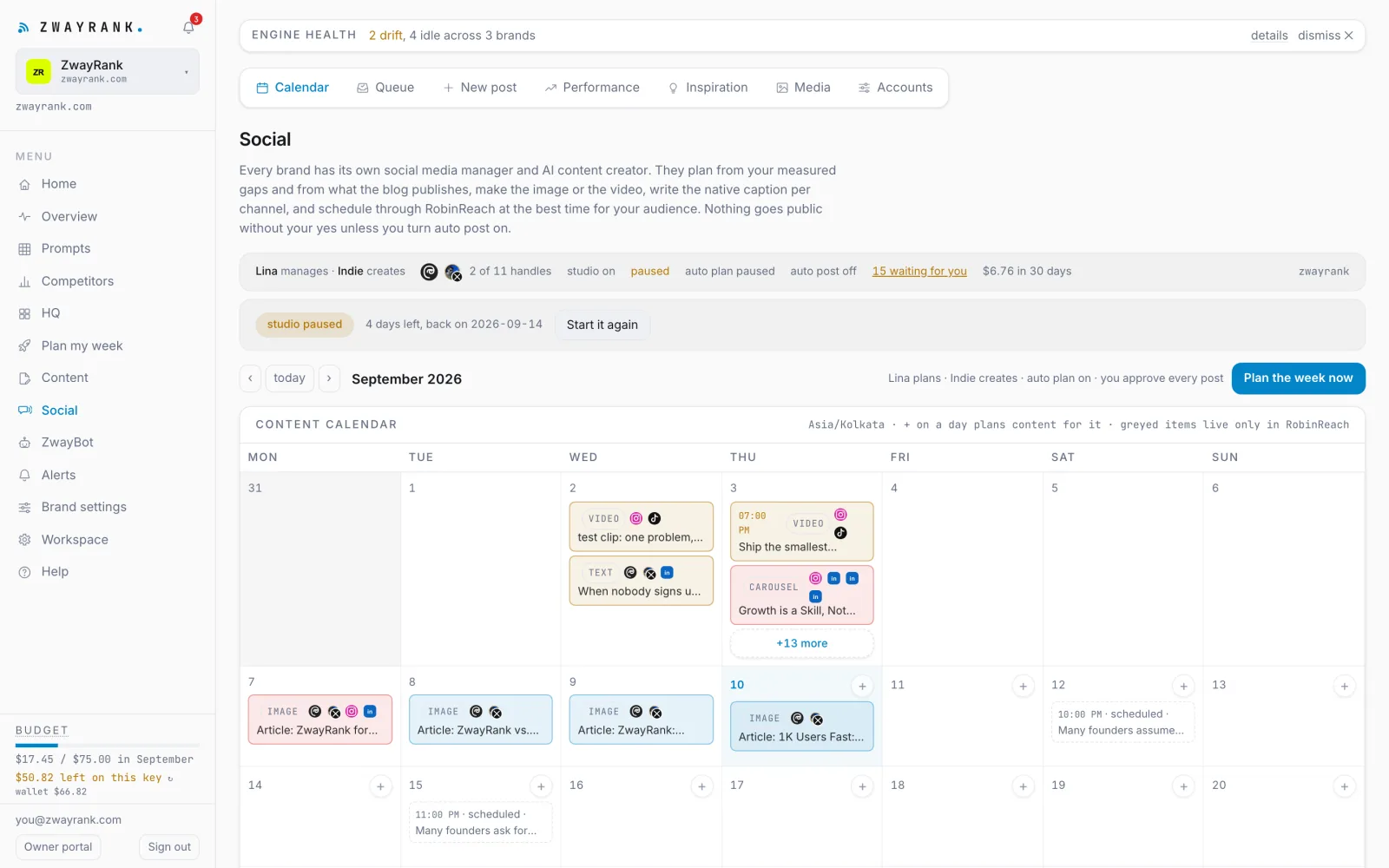 The Social calendar: planned, made, approved and scheduled posts for the week