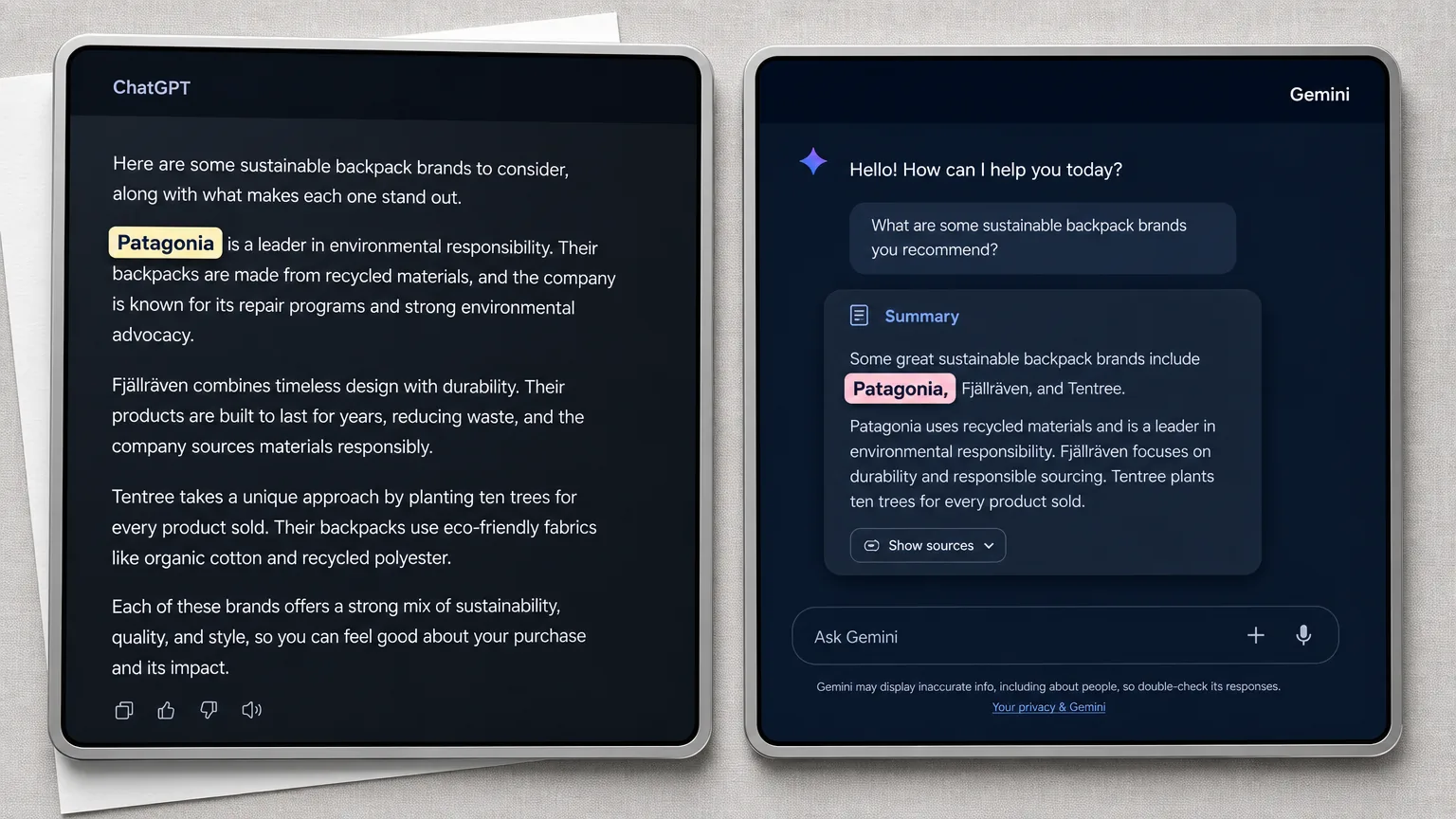 Track Brand Mentions in ChatGPT & Gemini (2026 Guide) A split screen showing a ChatGPT interface on one side highlighting a brand name in its response, and a Gemini interface on the other side highlighting a brand